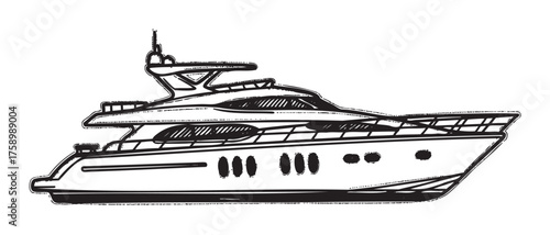 Hand-drawn sketch of a sleek luxury yacht with multiple decks and modern design elements.