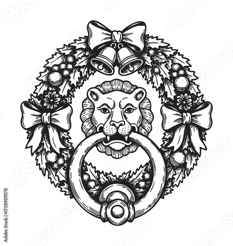 Ornate lion-themed door knocker surrounded by an intricate wreath adorned with ribbons, bells, and foliage details.
