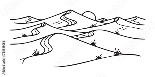 Black outline vector icon depicting rolling desert dunes with sparse vegetation and a setting sun in the background.