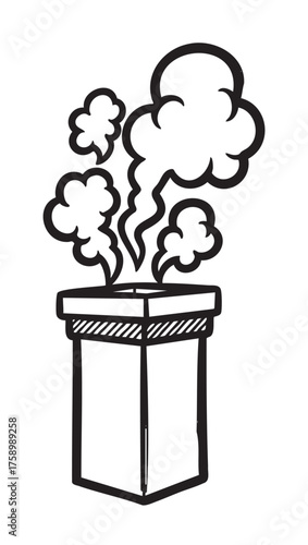 Black and white hand-drawn sketch of a chimney with smoke rising, illustrating concepts of home heating and winter warmth.
