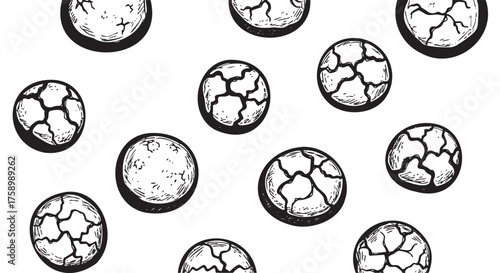 Black and white pattern of cracked and smooth round stones, creating a seamless repetitive texture.