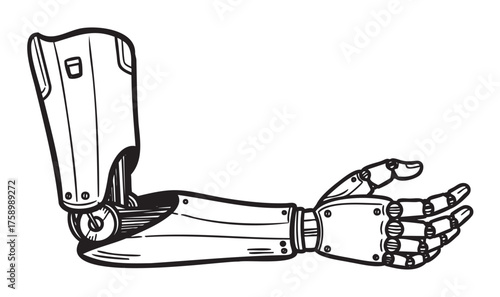 Black outline of a detailed prosthetic robotic arm with mechanical joints and fingers extended outward.