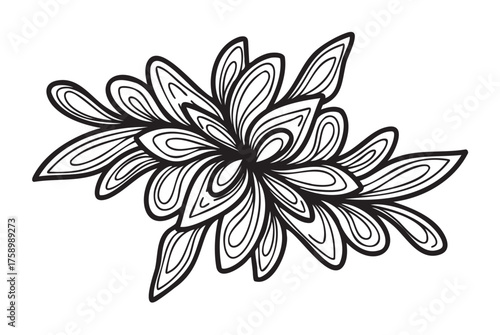 Intricate abstract flower design with bold black outlines, featuring swirling layered petals in a symmetrical pattern.