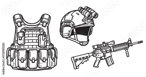 Black outline drawing of tactical gear including a bulletproof vest, a military helmet with night vision goggles, and an assault rifle with a scope.