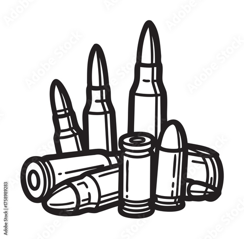 Black outline illustration of various caliber bullets and shells arranged together, showcasing different sizes and shapes for military and hunting concepts.