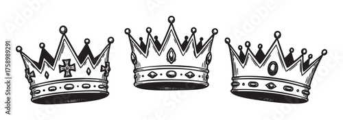 Three intricately detailed black and white crowns with various designs and jewels displayed in a linear arrangement.