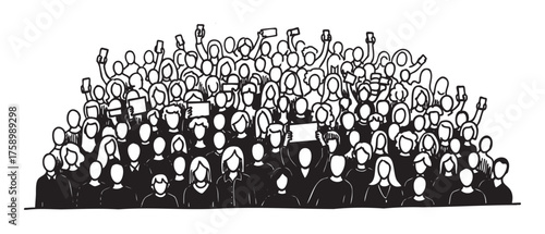 Large, diverse group of faceless cartoon people, including males and females, raising hands and holding blank signs in a black and white style.