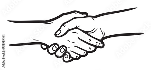 Black outline drawing of two hands engaged in a firm handshake, symbolizing agreement and cooperation.