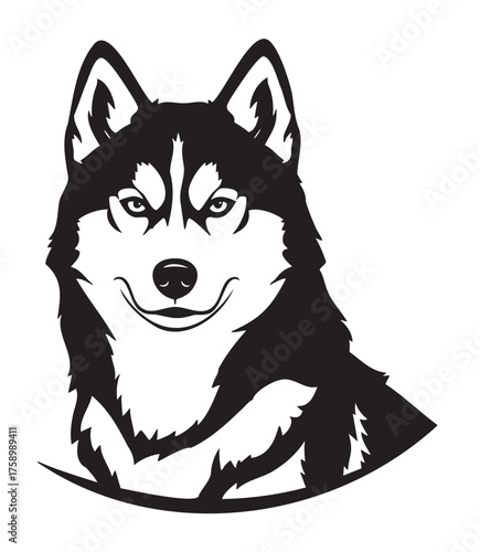 Black and white illustration of a husky dog with prominent pointed ears and striking facial markings.