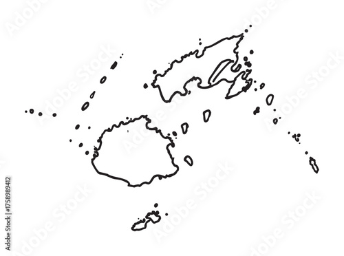 Black outline of the map of fiji, displaying the major islands and surrounding smaller islets in a minimalistic style.