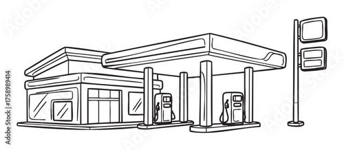 Black outline vector icon of a gas station with two fuel pumps and a canopy, representing fuel service and petroleum distribution.