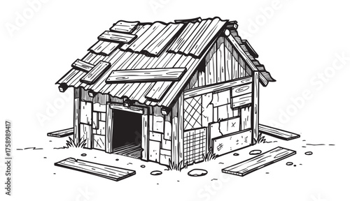 Black and white sketch of a small, dilapidated wooden shack with scattered planks and overgrown grass.