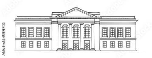 Black outline drawing of a neoclassical building featuring columns, a pediment, and symmetrical window arrangements on three floors.