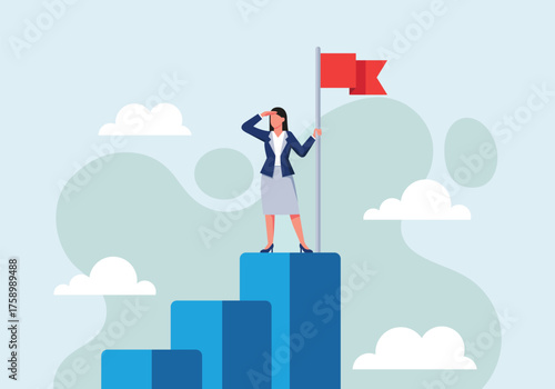 A determined businesswoman stands triumphantly on a podium holding a flag, looking towards the future with ambition and success vector illustration