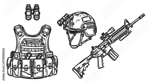 Black outline drawing of tactical gear includes a military helmet with camera, protective vest with pouches, binoculars, and an assault rifle.