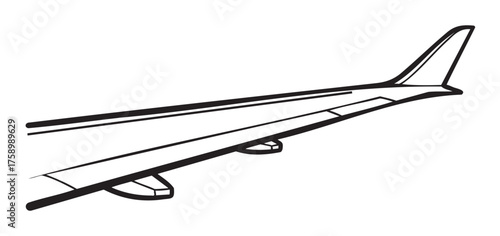 Black outline drawing of an airplane wing with detailed flaps and ailerons, ideal for aviation and travel-themed designs.
