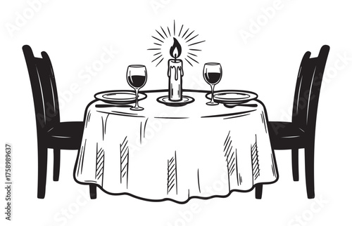 Black outline drawing of a romantic dinner setup with two chairs, a candlelit table, two plates, and wine glasses.