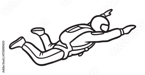 Black outline drawing of a skydiver in freefall position, wearing a helmet and parachute, with arms extended and legs bent slightly.