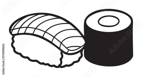 Black and white outline of a sushi nigiri and maki roll, showcasing a simplistic design for culinary themes.
