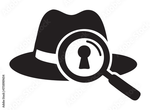 Black silhouette of a fedora hat with a magnifying glass featuring a keyhole in the lens, symbolizing investigation and secrecy.