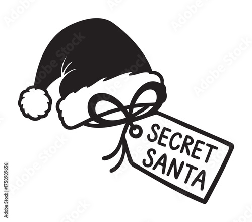 Black and white illustration of a santa hat with a tag labeled "secret santa," featuring a fluffy pom-pom and a festive ribbon.