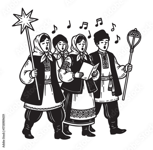 A group of caucasian adults dressed in traditional eastern european attire sing and walk, holding festive star and stick, with musical notes illustrating their song.