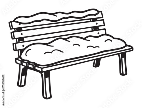Black outline drawing of a simple wooden bench covered with layers of snow on the seat and backrest.
