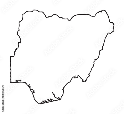 Black outline of the geographical boundaries of nigeria in a simplified linear map design.