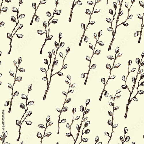 Spring seamless pattern with sprigs of willow. Easter hand drawn vector illustration, holiday background. Branch with pussy willow buds. Design for banner, poster, card, paper.