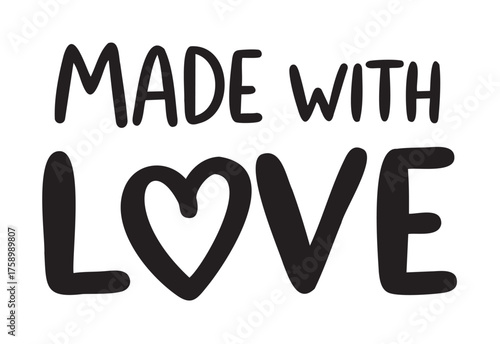 Bold black lettering reads “made with love,” with the letter "o" in "love" creatively shaped like a heart.