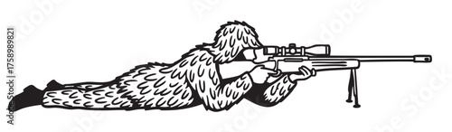 Black outline illustration of a sniper in a ghillie suit aiming a rifle while lying prone, representing stealth and precision in tactical scenarios.