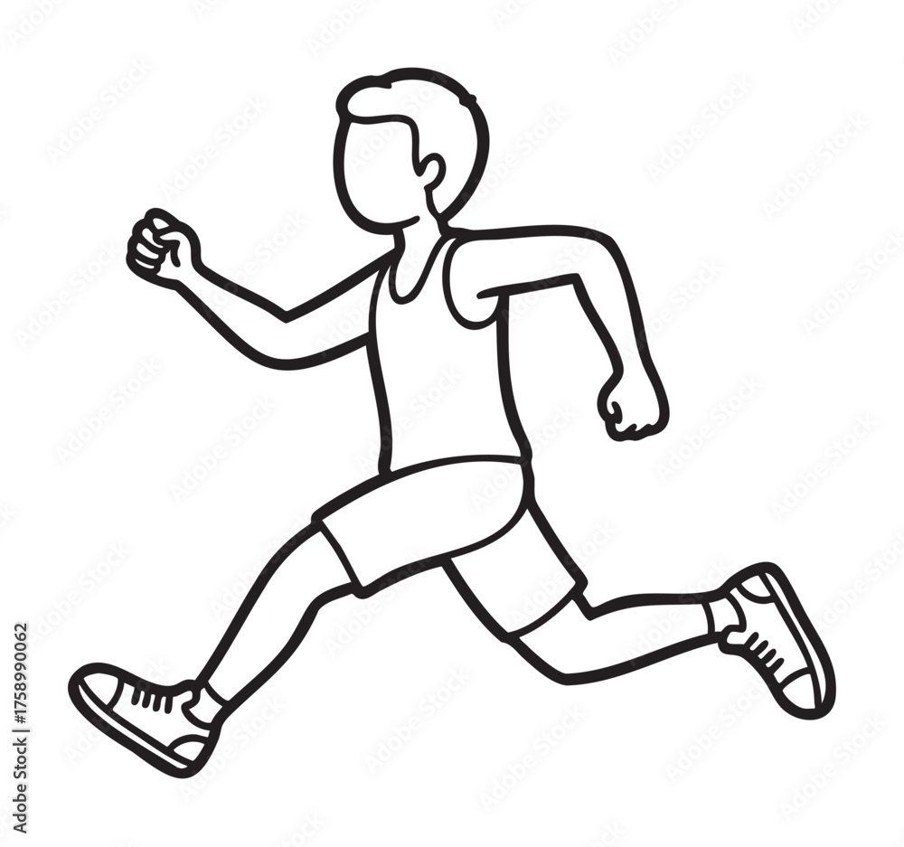 Fototapeta premium Black outline drawing of a person running in athletic attire, captured from a side view, demonstrating dynamic movement and energy.