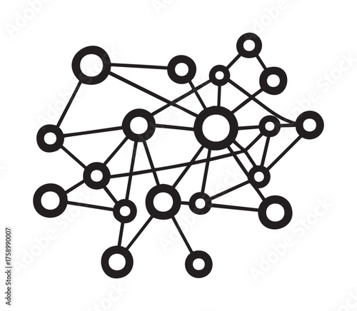 Black outline vector icon depicting a network of interconnected nodes and lines, symbolizing connectivity and communication.