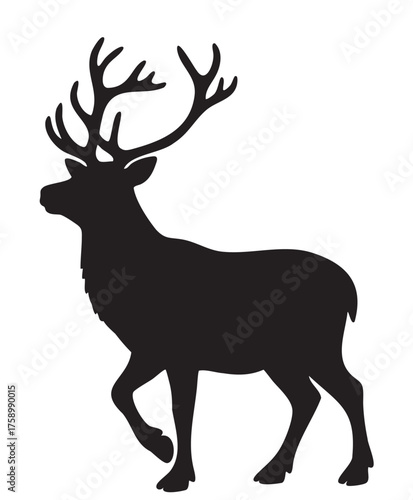 Silhouette of a standing deer with large, branching antlers, captured in profile against a plain background.