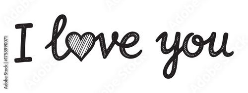 Hand-drawn black and white calligraphy of "i love you" with a heart symbol replacing the word "love.