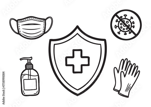 Black outline icons of a medical face mask, shield with a cross, hand sanitizer bottle, virus symbol crossed out, and protective gloves.