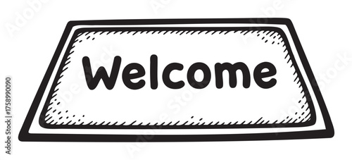 Black and white sketch of a rectangular doormat featuring the word "welcome" in bold, friendly letters.