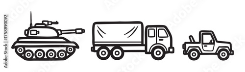 Black outline icons of a military tank, a transport truck, and an off-road vehicle, showcasing various types of transport vehicles.