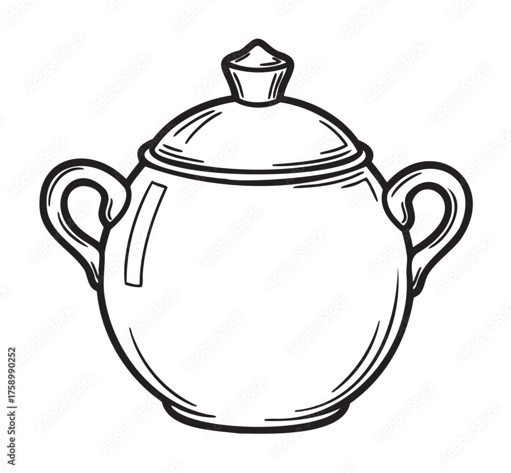Obraz premium Black outline vector icon of a simple, lidded sugar bowl with two handles and a knobbed lid. minimal linear illustration for kitchenware and culinary concepts.