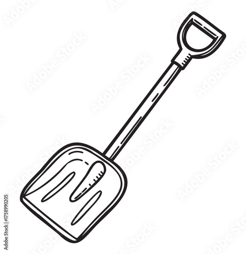 Black outline of a simple snow shovel with a sturdy handle and ergonomic grip, designed for efficient snow removal.