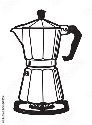 Black outline illustration of a classic stovetop espresso maker with a hexagonal design and a black handle.