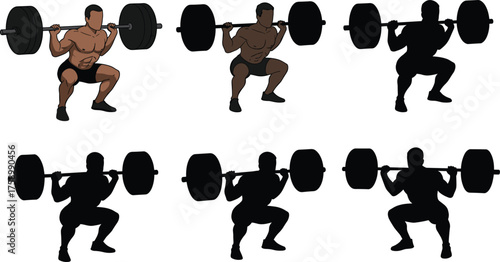 Barbell squat illustration with colored and silhouette versions, strength training exercise, bodybuilding posture, gym workout technique, leg muscle fitness form