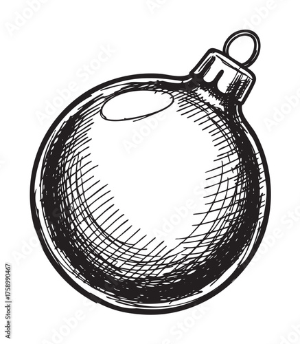 Black and white hand-drawn sketch of a classic round christmas ornament with a hanging loop, featuring detailed shading for a textured appearance.