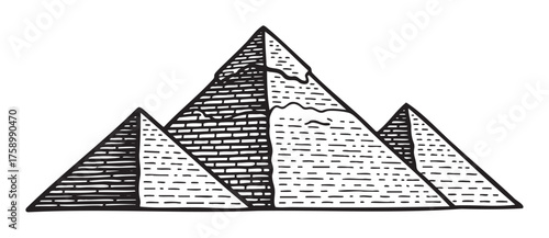 Black outline drawing of three egyptian pyramids with detailed brick patterns and shading.