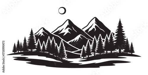Black silhouette of a mountainous landscape with pine trees and a full moon in the sky, evoking a sense of wilderness and tranquility.