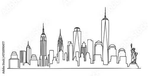 Black outline sketch of a city skyline featuring iconic skyscrapers and the statue of liberty.
