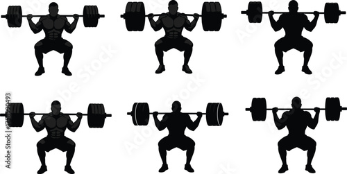 Barbell squat exercise illustration, strength training workout, proper squat technique, bodybuilding fitness, gym posture, leg workout, muscle building, weightlifting form