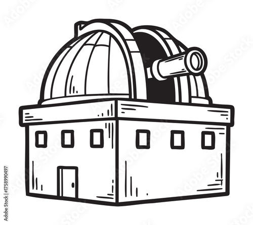 Black outline vector icon of an observatory with a large dome and telescope extending outward, illustrating astronomy concepts.