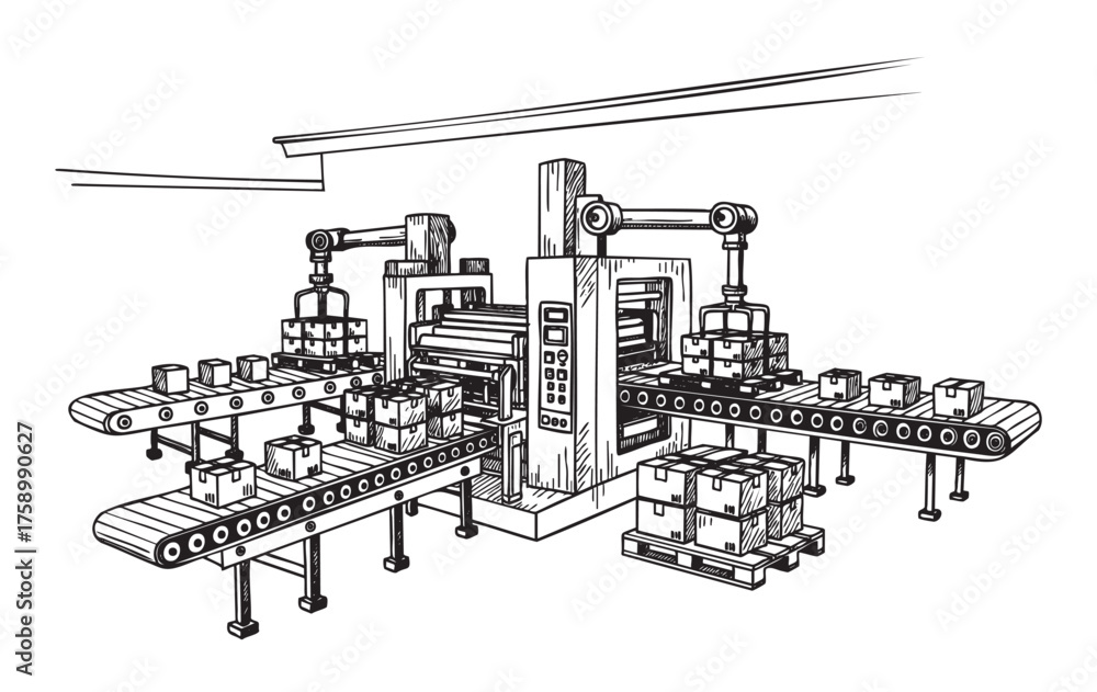 Obraz premium Intricate black outline drawing of a conveyor belt system featuring an automated packaging machine and robotic arms handling boxes.