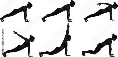 Dynamic yoga fitness sequence, plank to rotation, core strength training, balance exercise, flexibility workout, healthy lifestyle, body movement, wellness practice